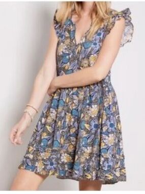 Evereve Floral Mini Dress Blue Yellow Ruffle Sleeves V Neck Size XL